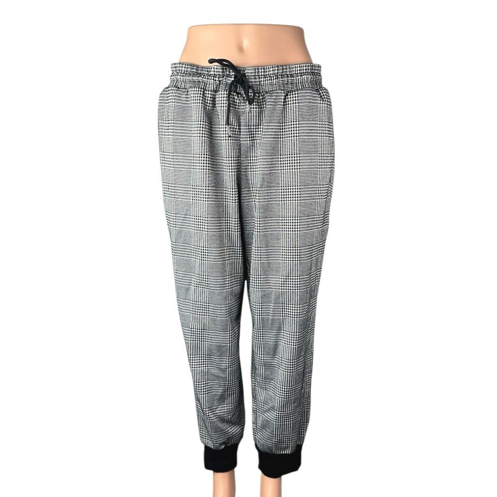 Bar III Women's Black White Plaid High Rise Tapered Jogger Sweat Pants Size L